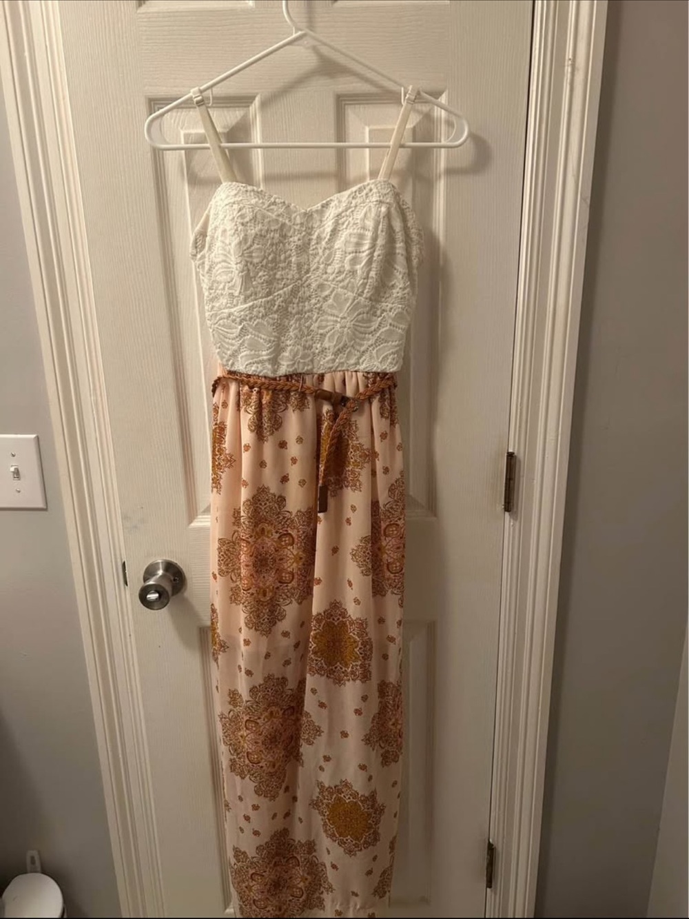 AUW White Lace Bodice Maxi Dress with Peach Printed Skirt